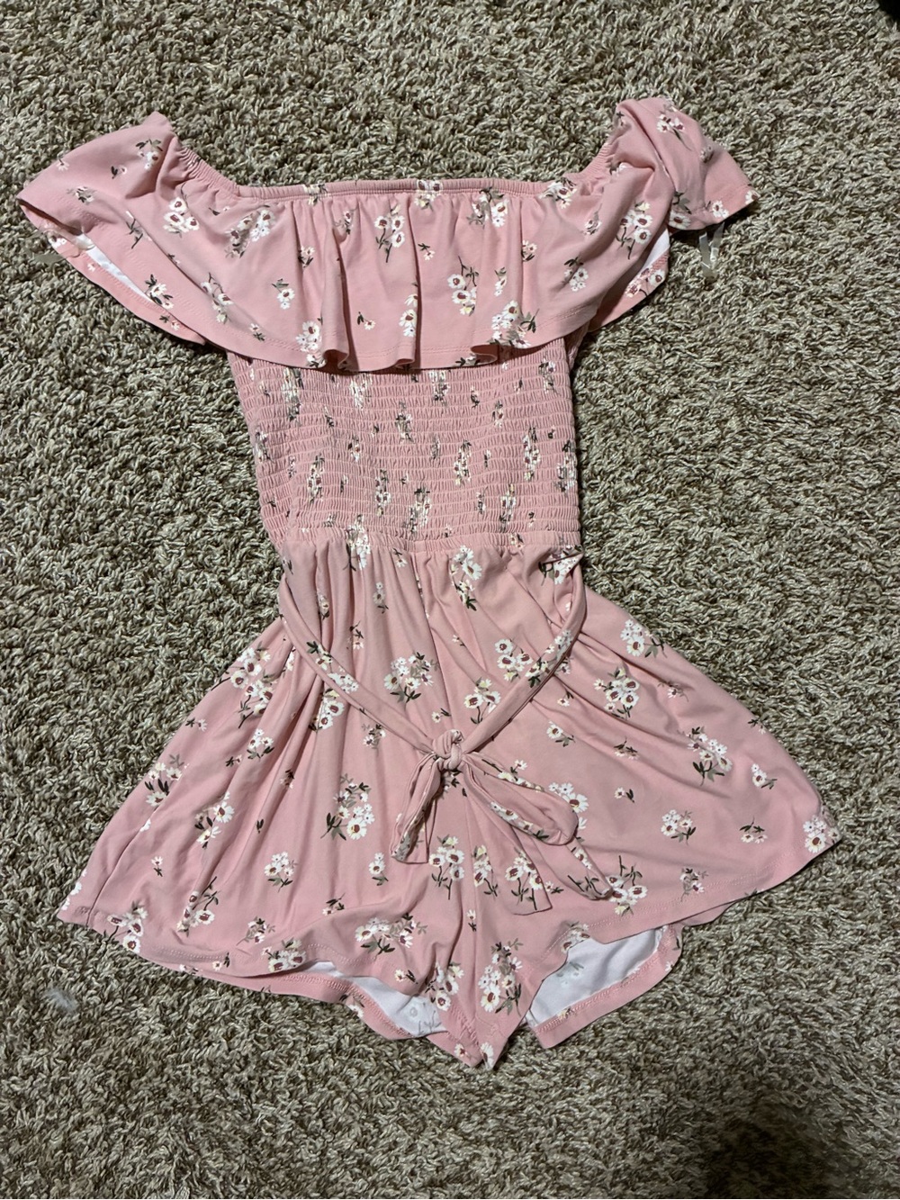 Derek Heart Pink Floral Off-Shoulder Romper with Tie Waist